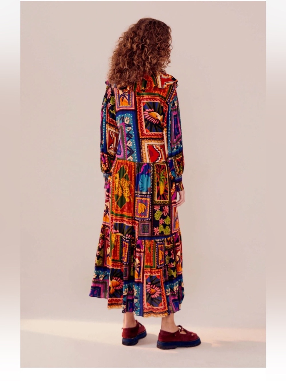 Farm Rio Patchwork Tapestry Ankle Maxi Dress Size L Ruffle Boho - Picture 4 of 16